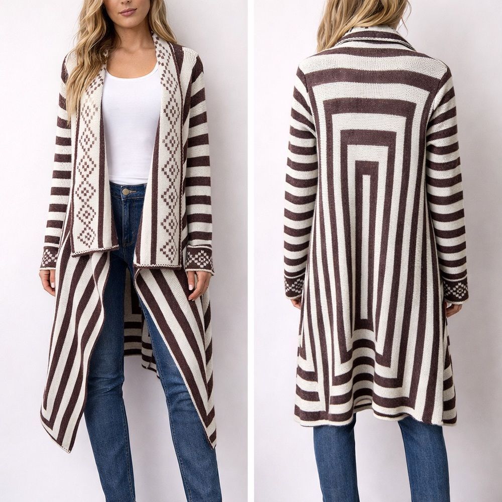 Women’s Long Boho Geometric Knit Neutral Tone Cardigan Open Front Sweater Small
